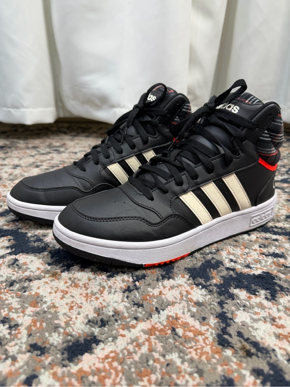 Adidas ‘Hoops 3.0 Mid’ Sneakers in Black, Chalk White & Gray Plaid Men’s Sz 10.5